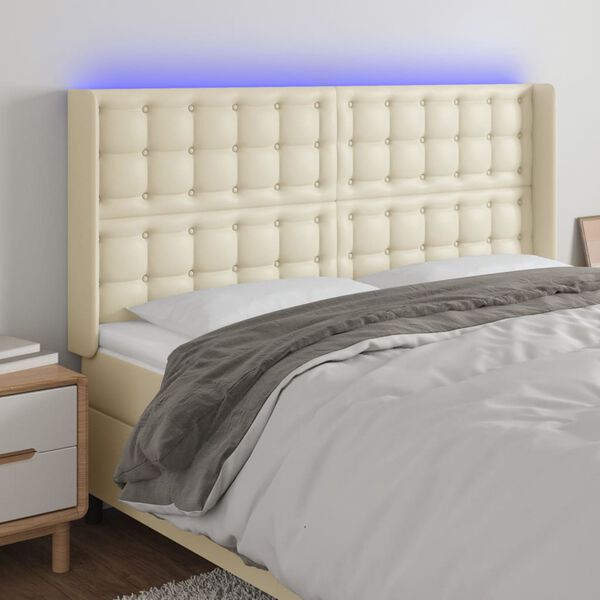 vidaXL Cabeceira cama c/ LED 163x16x118/128 cm couro artificial cr&egrave;me