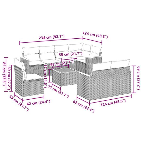 vidaXL 9 pcs conjunto de sof&aacute;s p/ jardim c/ almofad&otilde;es vime PE preto