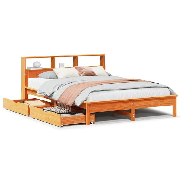 vidaXL Cama com estante sem colch&atilde;o 135x190 cm pinho maci&ccedil;o
