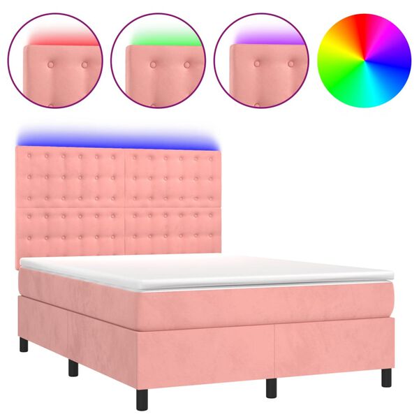 vidaXL Cama box spring c/ colch&atilde;o/LED 140x200 cm veludo rosa