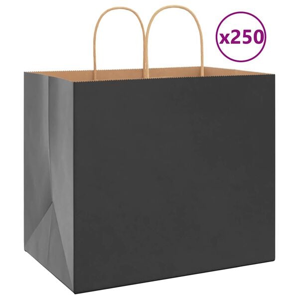 vidaXL Sacos de papel 250 unid com al&ccedil;as preto 32x22x28 cm