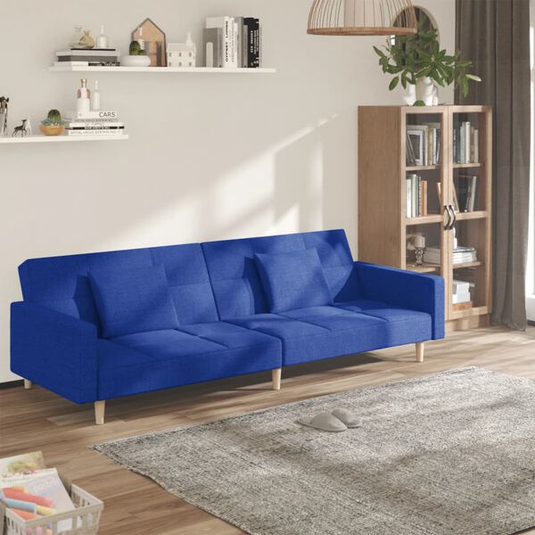 vidaXL Sofá-cama 2 lugares com duas almofadas tecido azul