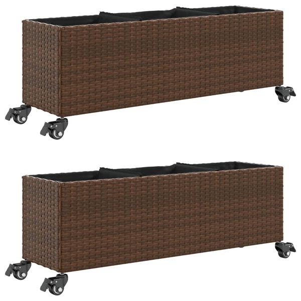vidaXL Canteiro jardim c/ rodas 2pcs 107x32x38cm vime PE castanho