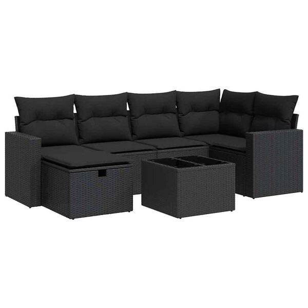 vidaXL 7 pcs conjunto de sof&aacute;s p/ jardim c/ almofad&otilde;es vime PE preto