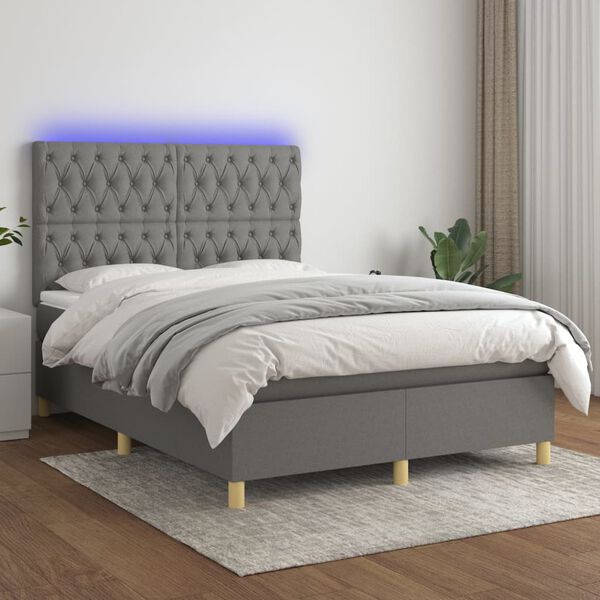 vidaXL Cama box spring c/ colch&atilde;o e LED 140x190 cm tecido cinza-escuro