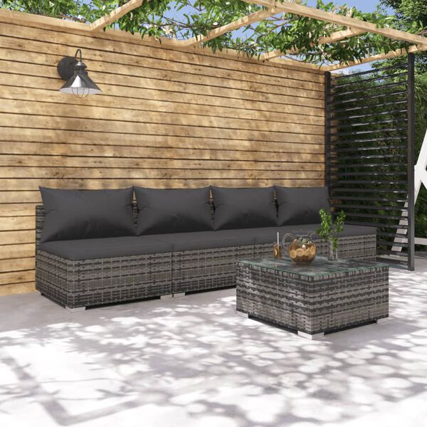 vidaXL 5 pcs conjunto lounge de jardim c/ almofad&otilde;es vime PE cinzento
