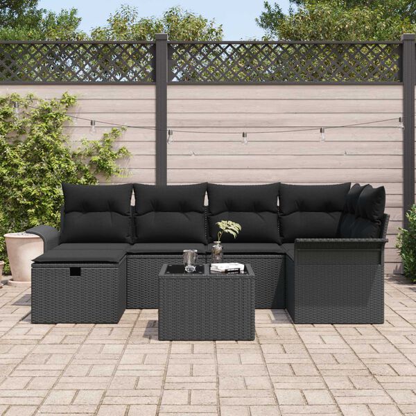 vidaXL Conjunto de Sof&aacute; de Jardim com almofada 7 pcs Preto vime PE