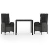 vidaXL 3 pcs conjunto de jantar p/ jardim c/ almofad&otilde;es vime PE preto