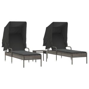 vidaXL Espregui&ccedil;adeiras com toldos e mesa 2 pcs vime PE cinzento