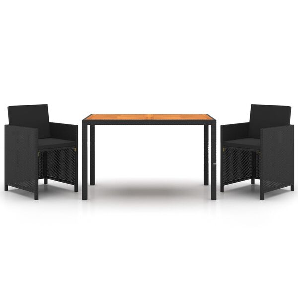vidaXL 3 pcs conjunto de jantar p/ jardim c/ almofad&otilde;es vime PE preto
