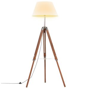 vidaXL Candeeiro de ch&atilde;o trip&eacute; 141 cm teca maci&ccedil;a castanho mel/branco