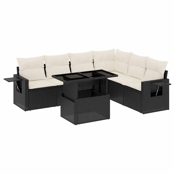 vidaXL 7 pcs conjunto de sof&aacute;s p/ jardim c/ almofad&otilde;es vime PE preto