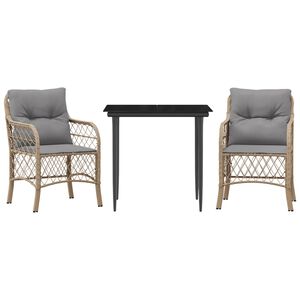 vidaXL 3 pcs conjunto bistr&ocirc; com almofad&otilde;es vime PE bege misturado