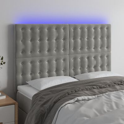 vidaXL Cabeceira cama c/ luzes LED veludo 144x5x118/128cm cinza-claro