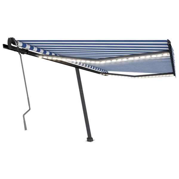 vidaXL Toldo retrátil manual com LED 400x350 cm azul e branco