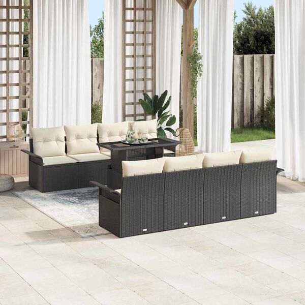 vidaXL Conjunto de Sof&aacute; de Jardim 9 pcs Preto Rattan Sint&eacute;tico