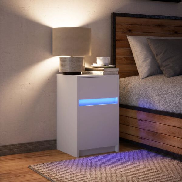 vidaXL Mesa de cabeceira com luzes LED derivados de madeira branco