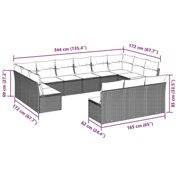 vidaXL 13 pcs conjunto sof&aacute;s p/ jardim c/ almofad&otilde;es vime PE castanho