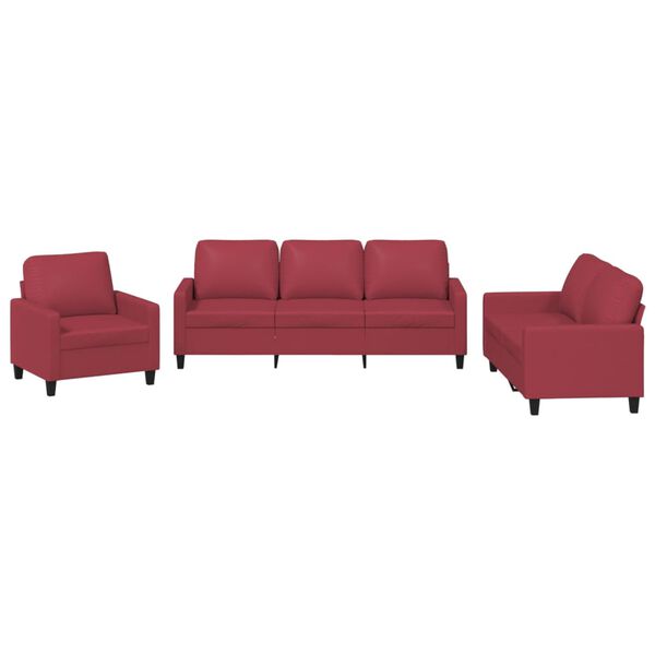 vidaXL 3 pcs conjunto sof&aacute;s c/ almofad&otilde;es couro artif. vermelho tinto