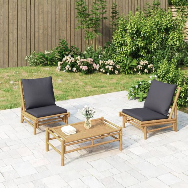 vidaXL 3pcs conj. lounge de jardim bambu c/ almofadões cinzento-escuro