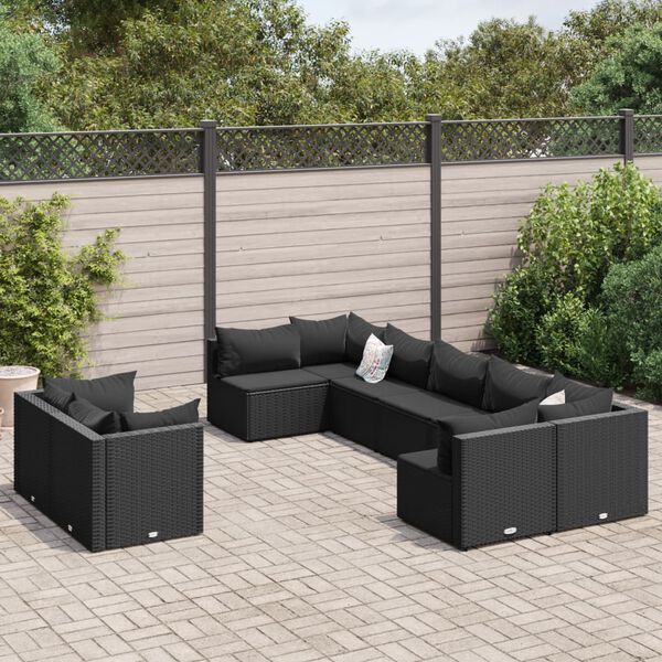 vidaXL 9 pcs conjunto de sof&aacute;s p/ jardim c/ almofad&otilde;es vime PE preto