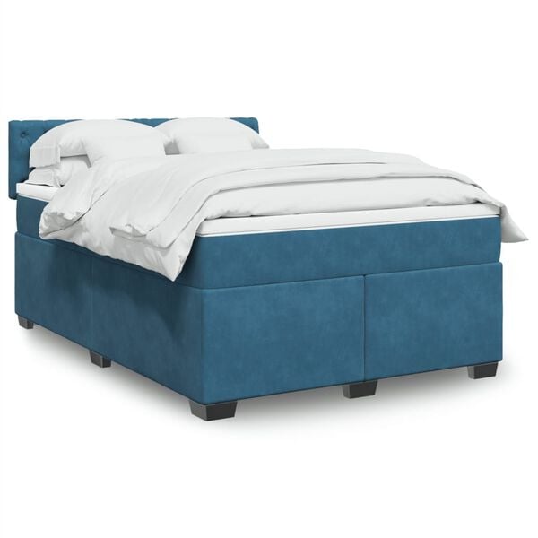 vidaXL Cama com molas/colch&atilde;o 140x190 cm veludo azul-escuro