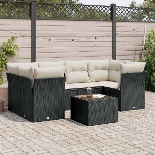 vidaXL 7 pcs conjunto de sof&aacute;s p/ jardim c/ almofad&otilde;es vime PE preto