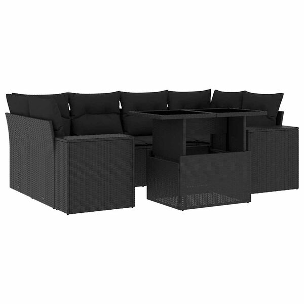 vidaXL 7 pcs conjunto de sof&aacute;s p/ jardim c/ almofad&otilde;es vime PE preto