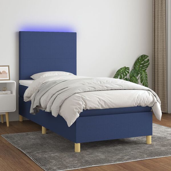 vidaXL Cama box spring c/ colch&atilde;o e LED 90x200 cm tecido azul