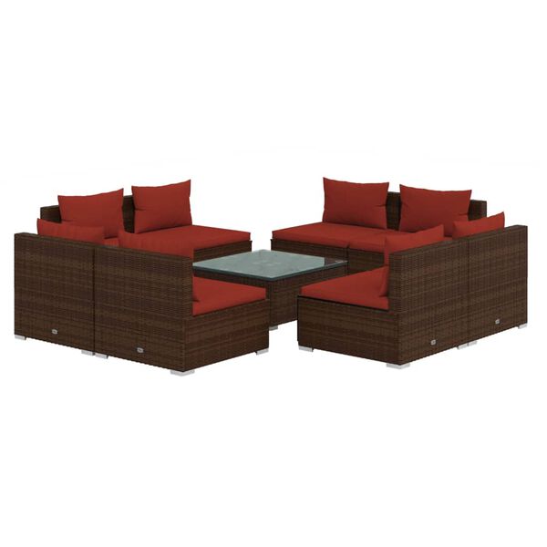 vidaXL 9 pcs conjunto lounge jardim c/ almofad&otilde;es vime PE castanho