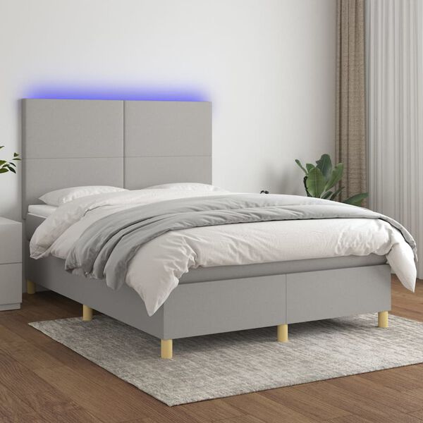 vidaXL Cama box spring c/ colch&atilde;o e LED 140x190 cm tecido cinza-claro