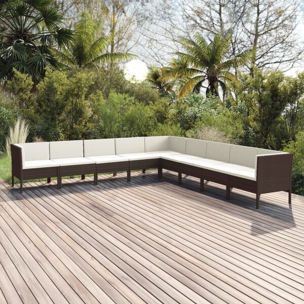 vidaXL 9 pcs conjunto lounge jardim c/ almofad&otilde;es vime PE castanho