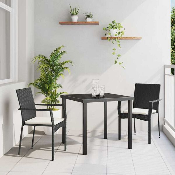 vidaXL Conjunto de Jantar para Jardim com almofada 3 pcs Preto vime PE