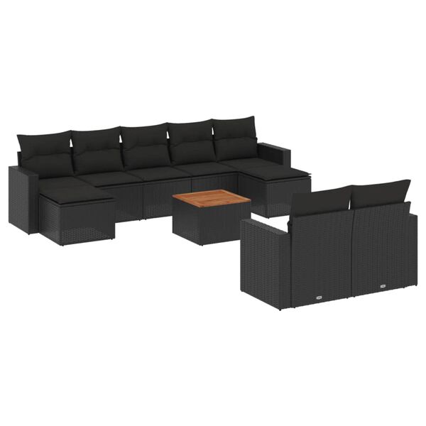 vidaXL 10 pcs conjunto sofás de jardim c/ almofadões vime PE preto