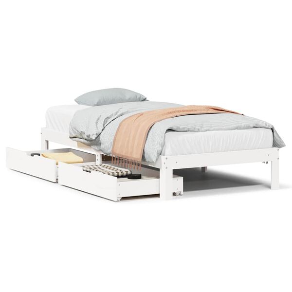 vidaXL Estrutura de cama com gavetas 75x190 cm pinho maci&ccedil;o branco