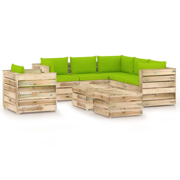 vidaXL 8 pcs conj. lounge jardim c/ almofad&otilde;es madeira impreg. verde