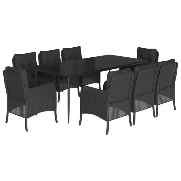 vidaXL 9 pcs conjunto de jantar p/ jardim c/ almofad&otilde;es vime PE preto