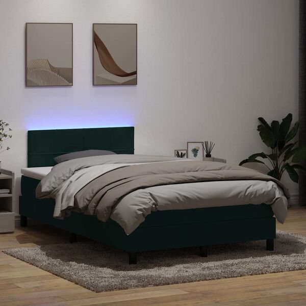 vidaXL Cama box spring c/ colch&atilde;o e LED 120x220 cm veludo verde-escuro