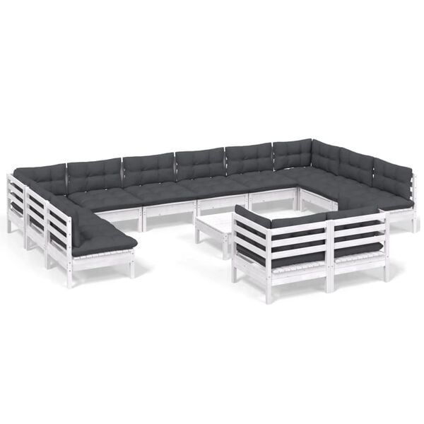 vidaXL 13 pcs conjunto lounge de jardim c/ almofadões pinho branco