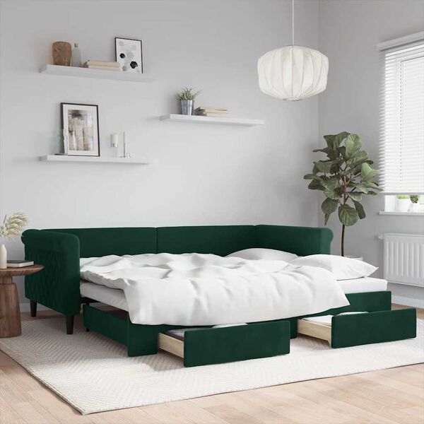 vidaXL Sof&aacute;-cama c/ gavet&atilde;o e gavetas 90x200 cm veludo verde-escuro