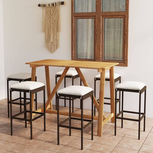 vidaXL 7 pcs conjunto de bar p/ jardim com almofad&otilde;es castanho