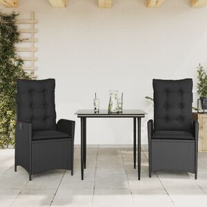 vidaXL 3 pcs conjunto de jantar p/ jardim c/ almofad&otilde;es vime PE preto