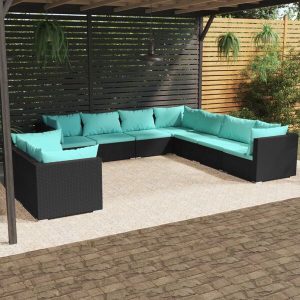 vidaXL 9 pcs conjunto lounge de jardim c/ almofad&otilde;es vime PE preto