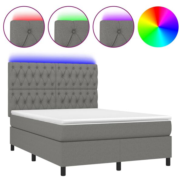 vidaXL Cama box spring c/ colch&atilde;o e LED 140x200 cm tecido cinza-escuro