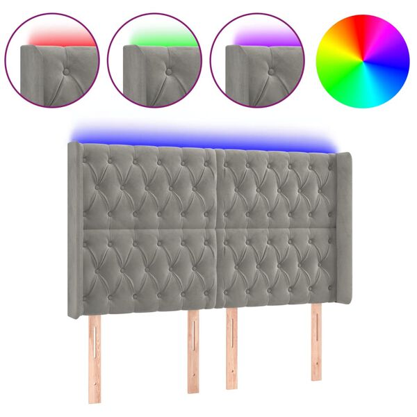 vidaXL Cabeceira cama c/ luzes LED veludo 163x16x118/128cm cinza-claro