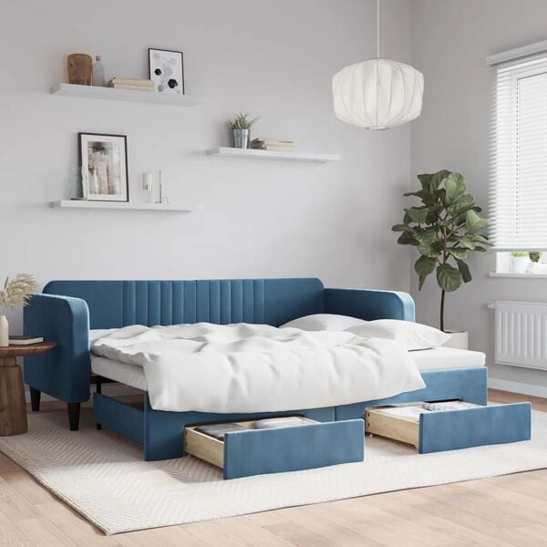 vidaXL Sof&aacute;-cama com gavet&atilde;o e gavetas 90x200 cm veludo azul