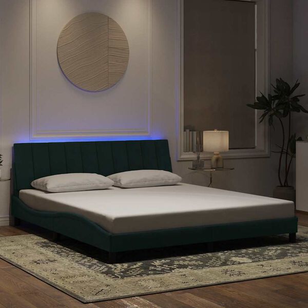 vidaXL Estrutura de cama com LED sem colch&atilde;o Hanko 180x200 cm veludo verde-escuro