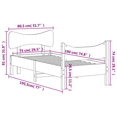 vidaXL Estrutura de cama com cabeceira 75x190 cm pinho maciço