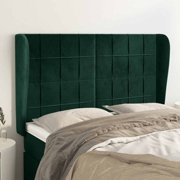 vidaXL Cabeceira cama c/ abas veludo 147x23x118/128 cm verde-escuro