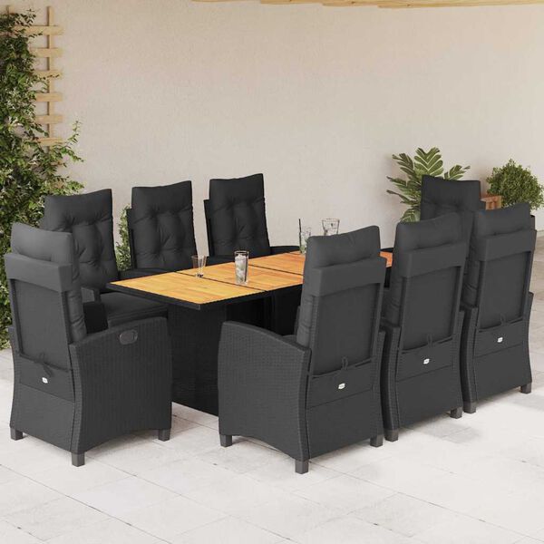 vidaXL 9 pcs conjunto de jantar p/ jardim c/ almofad&otilde;es vime PE preto